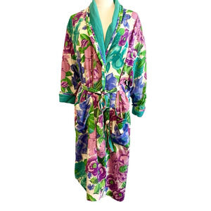 Vintage 90s Victorias Secret Robe Floral Satin Terry Cloth Lined Gold Label OSFA